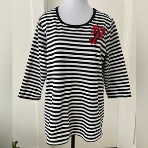 QUACKER FACTORY Striped 3/4 Sleeve Popover Shirt Nautical Sequin Lobster Detail